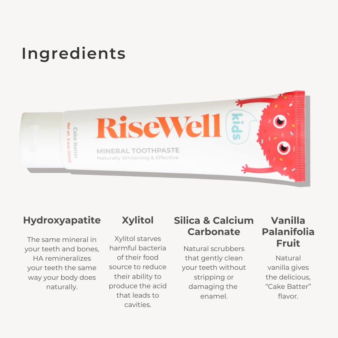 RiseWell RiseWell Kids Mineral Toothpaste - Hydroxyapatite Kids Toothpaste - Safe to Swallow, No Added Fluoride and All Natural - Cake Batter Flavor, 3.4 Oz