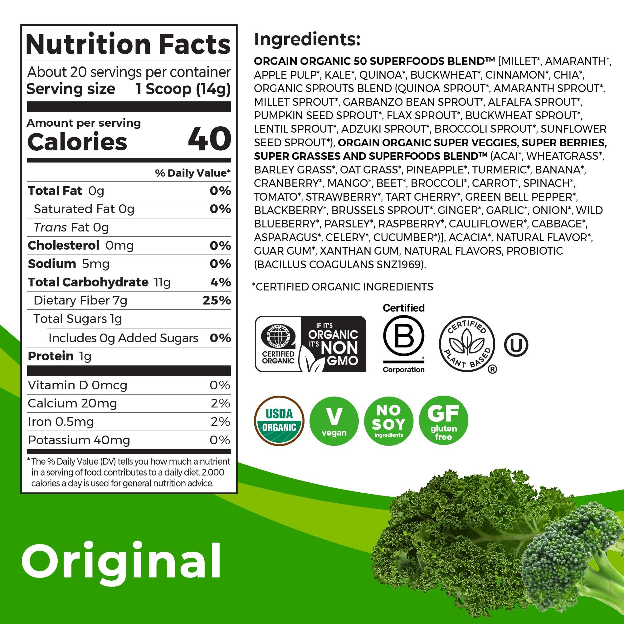 Orgain Orgain Organic Greens Powder + 50 Superfoods, Original - 1 Billion Probiotics for Gut Health, Antioxidants, Vegan, Plant Based, Gluten Free, Non GMO, Dairy Free Juice & Smoothie Mix - 0.62lb