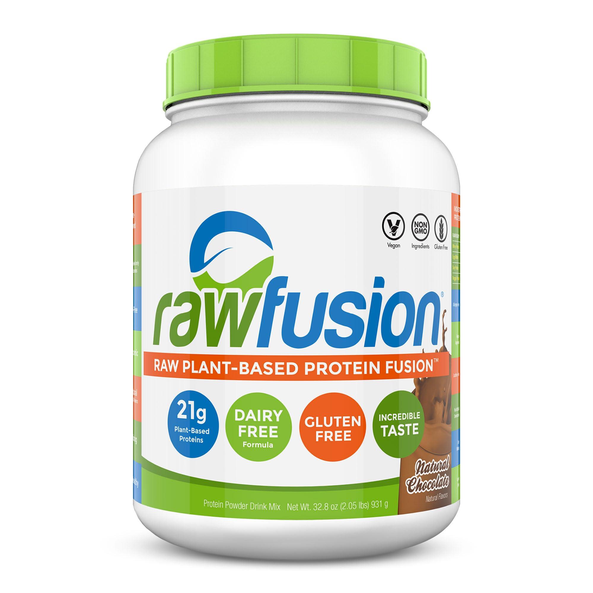 SAN Rawfusion- Vegan Protein Powder, Natural Chocolate - 30 Servings, 21g of Plant Based Protein, Low Net Carbs, Non-Dairy, Gluten/Lactose Free, Soy Free, Kosher, Non-GMO, 2lbs Pound