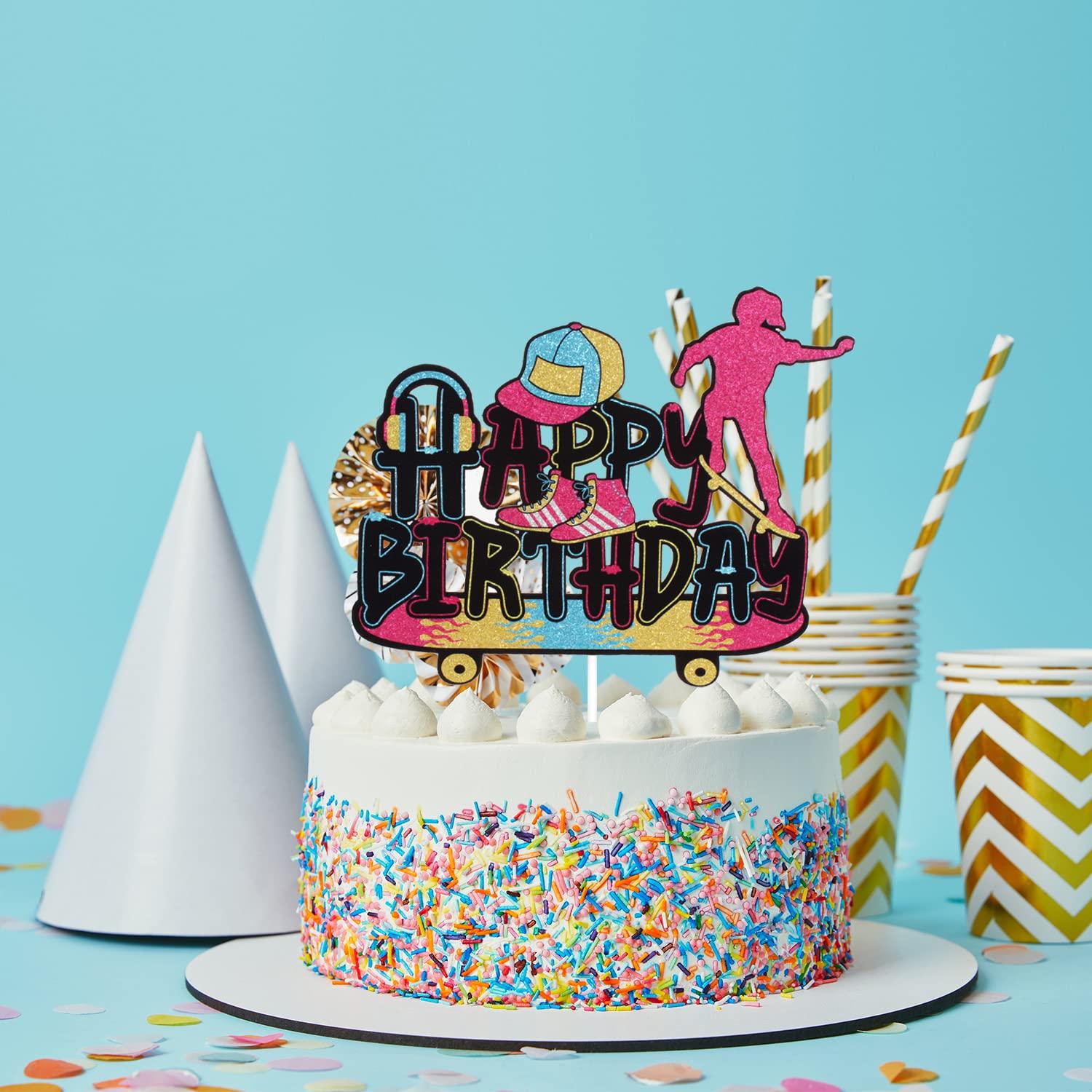 LHCING Girl's Skateboard Happy Birthday Cake Topper - 80's Retro Birthday Party Glitter Skateboard Cake Topper - Sport Skateboarding Birthday Party Cake Topper Decoration