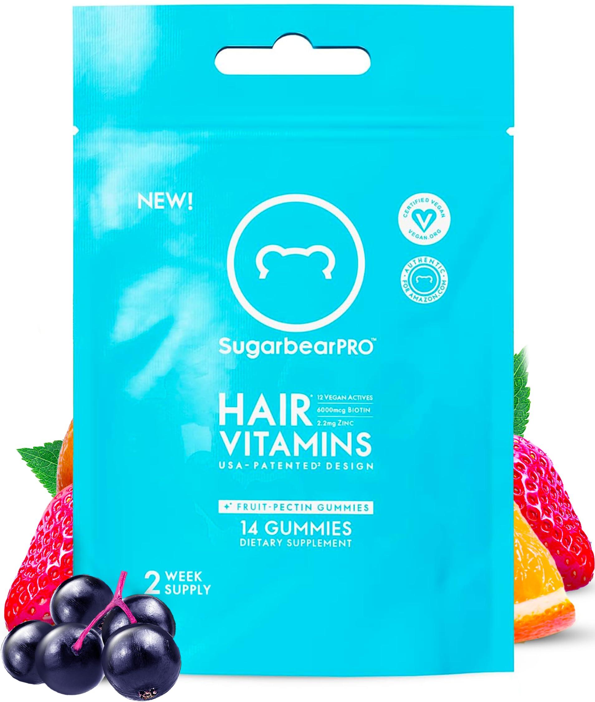 SugarbearPro Sugarbear Hair Vitamin Gummy 14 Day Supply Extra Strength Biotin 6000mcg, Growth for Men & Women, Vegan Vitamin B12, MSM, Inositol, Omega 3, Elderberry, Certified Kosher, Halal, Cruelty-Free
