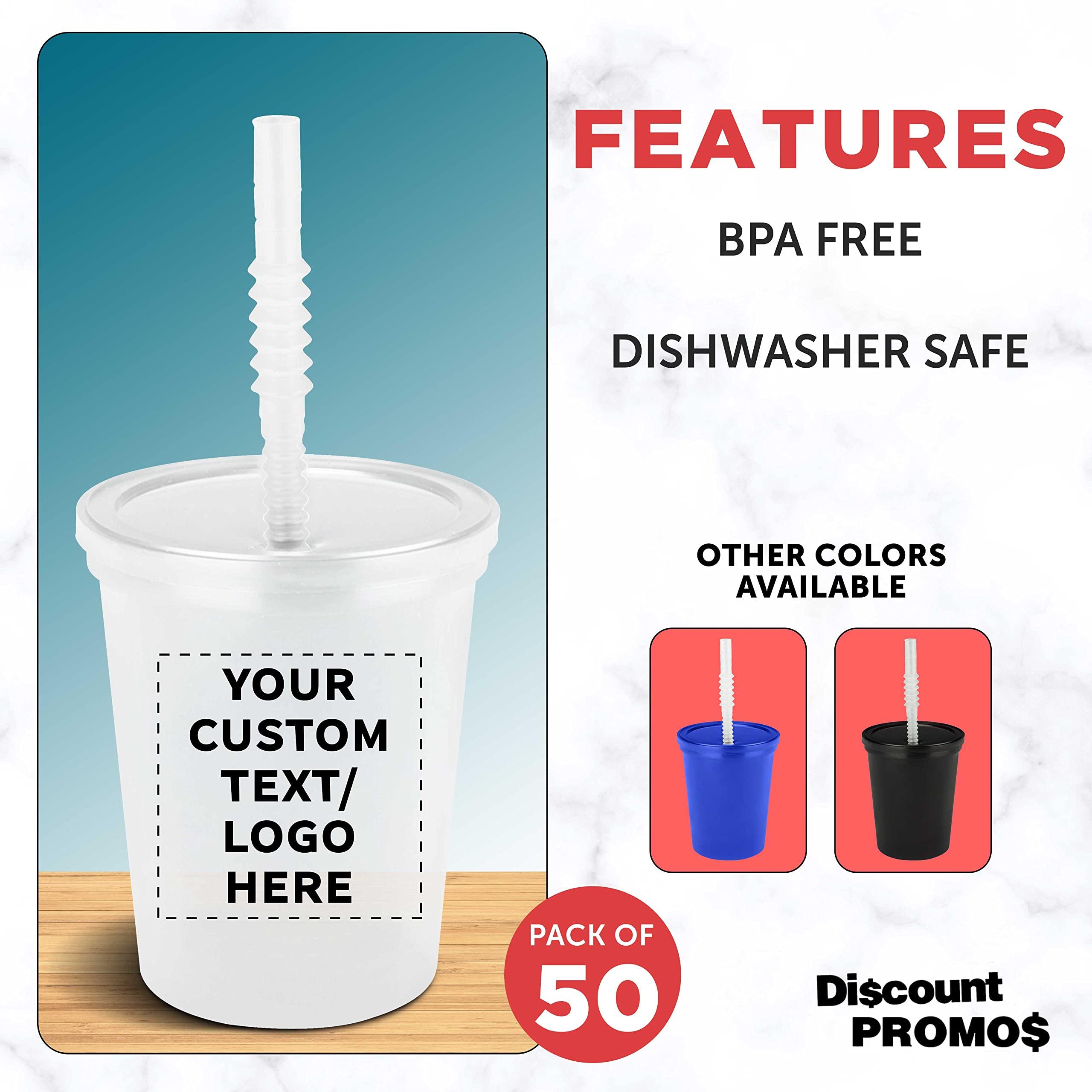 DISCOUNT PROMOS Custom Plastic Cups with Lid and Straw 16 oz. Set of 50, Personalized Bulk Pack - Perfect for Summer, Sporting Events, Birthdays, Weddings, Picnic, Beach, Parties - Clear
