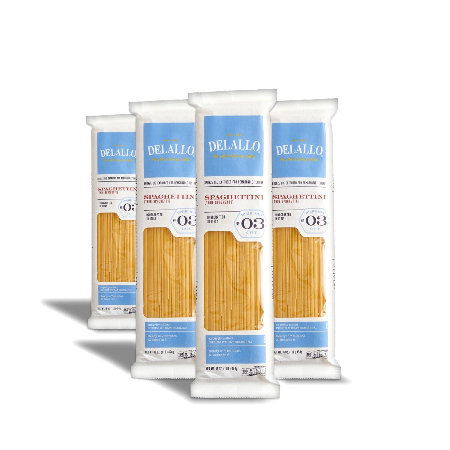 DeLallo DeLallo Thin Spaghetti Pasta, 1 Pound Bag, 4 Pack, Al Dente Texture, Made in Itay, Made with Durum Wheat Semolina Flour, Cooks in 9 Minutes, Non-GMO, Long Cut