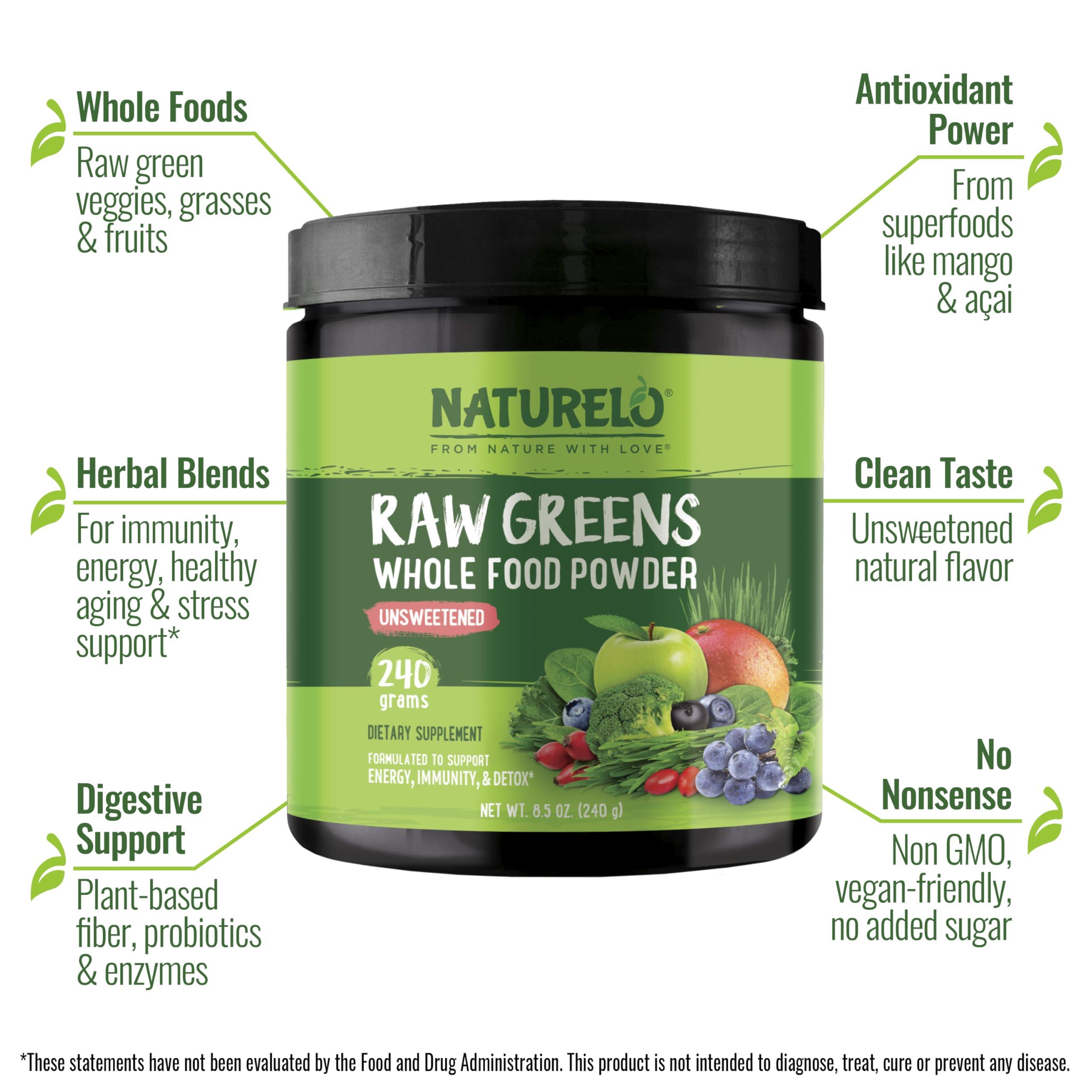 NATURELO NATURELO Raw Greens Superfood Powder - Unsweetened - Boost Energy, Detox, Enhance Health - Organic Spirulina - Wheat Grass - Whole Food Nutrition from Fruits and Vegetables - 240 Grams