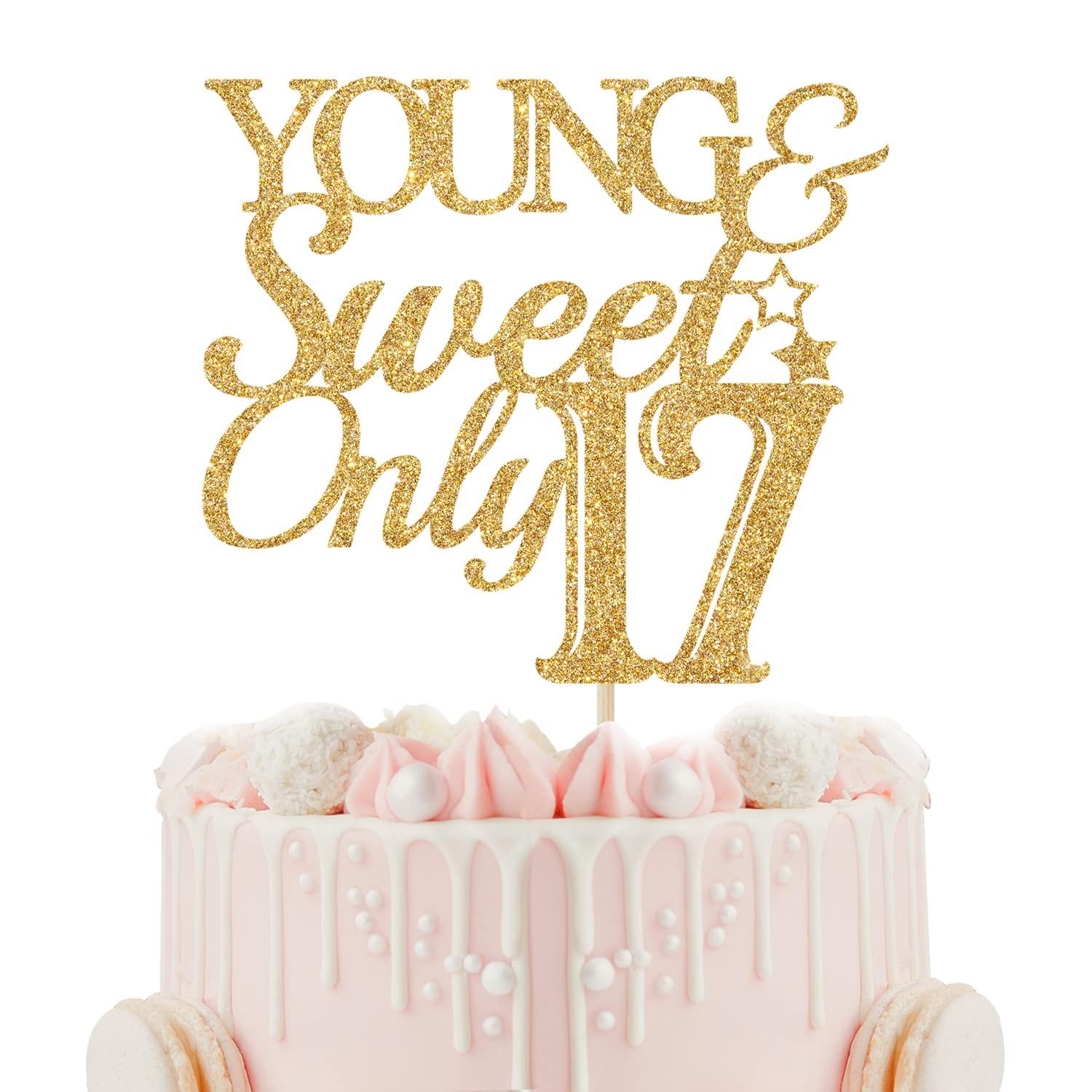 Calarjeta Young & Sweet Only 17 Cake Topper - Happy 17th Birthday Cake Topper - Hello 17, 17th Birthday/Anniversary Party Decorations Gold Glitter