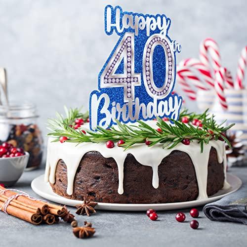 HEYUWING Happy 40th Birthday Cake Topper Crystal Rhinestones Theme Decor Supplies Woman Man Happy Birthday Party Decorations Blue Glitter