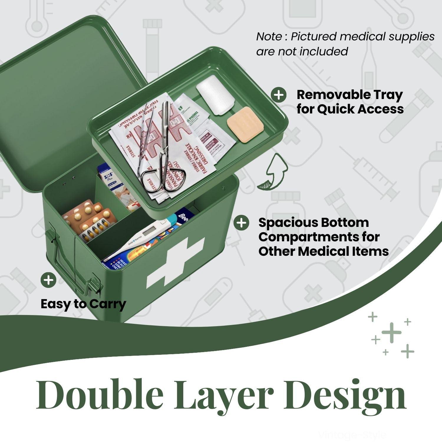 Flexzion Flexzion First Aid Box Organizer, Empty 8.5 Inch Green Vintage First Aid Kit Tin Metal Medical Box First Aid Storage Box Container Bins with Dividers, Removable Tray and Cross Logo