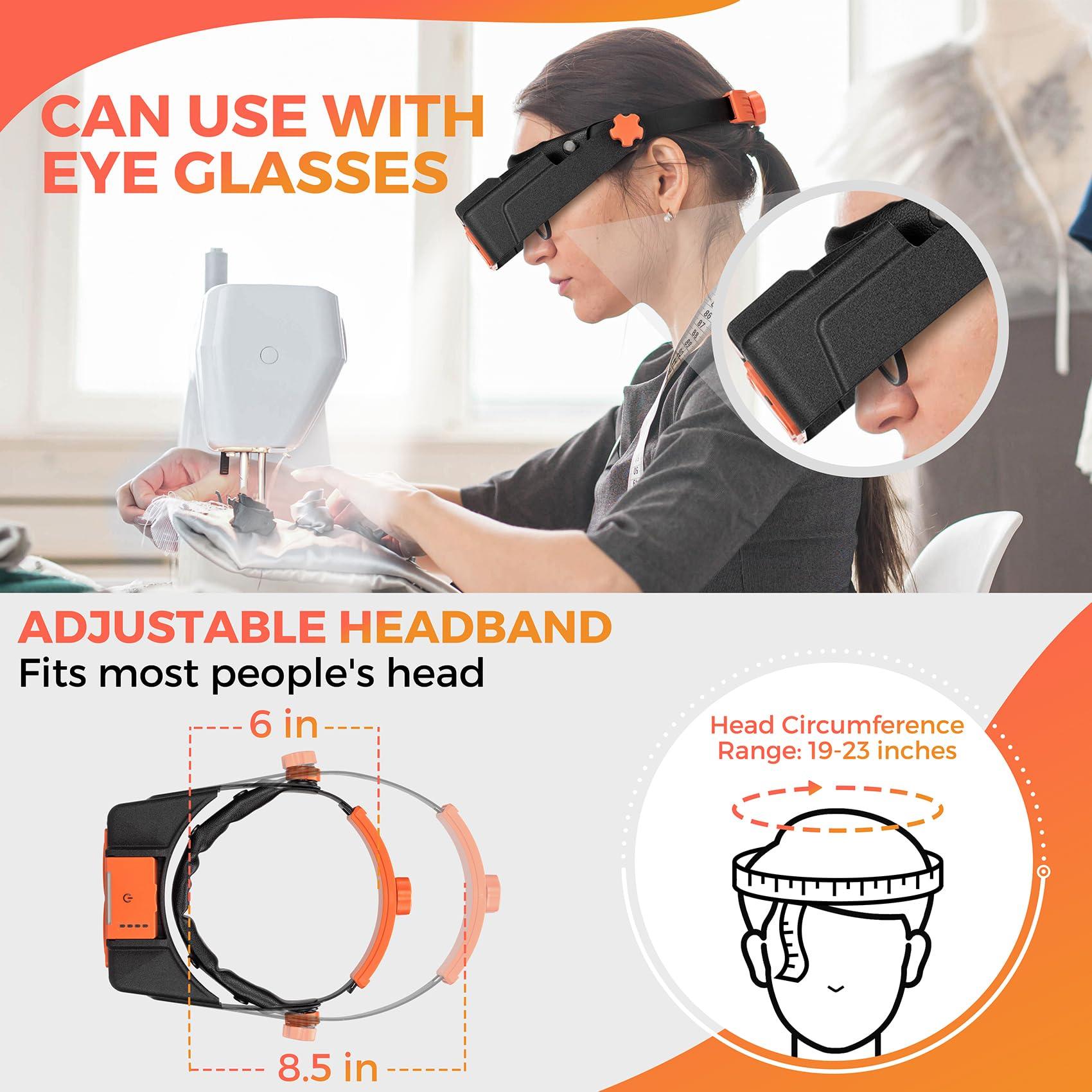 COYLAPY Headband Magnifier with Light, Rechargeable Magnifying Glasses for Close Work, 1.5X - 3.5X Magnifying Headset with 4 Lenses, Jewelers Magnifying Glass Loupe Visor for Reading,Crafts, Hobby