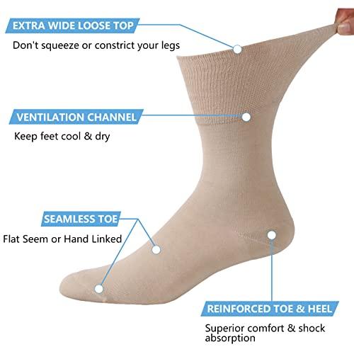 Forcool Forcool Diabetic Socks Wide, Men's Women's Loose Fit Non Binding Top Cushioned Edema Socks for Better Circulation Crew Dress Cotton Socks with Seamless Toe, 6 Pairs Beige Large