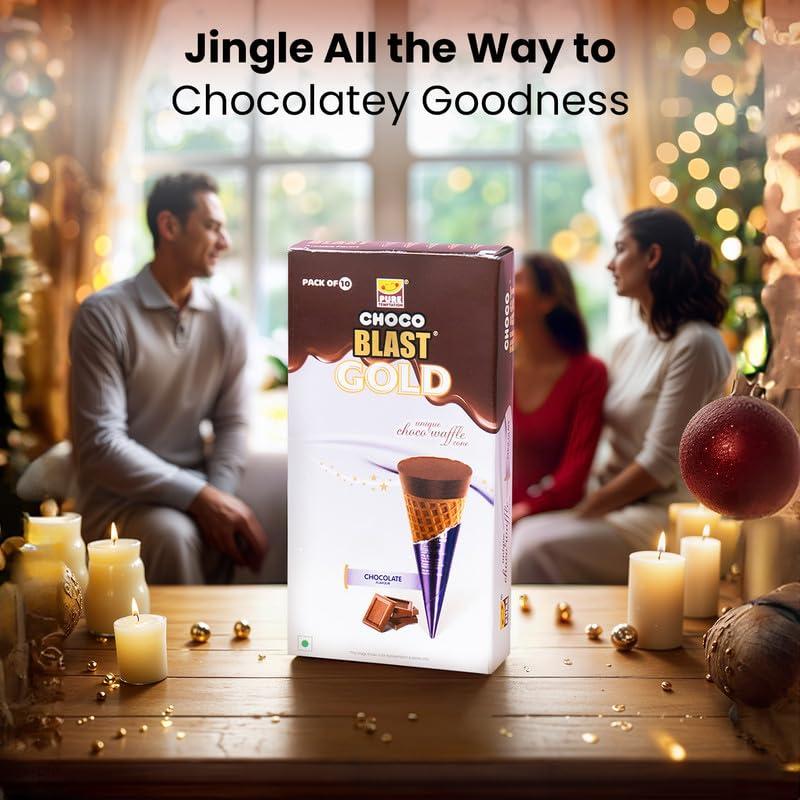 Pure Temptation Pure Temptation Gold Chocoblast Waffle Cones [10 Pieces] Snacks for Kids & Adults - Non-Meltable Chocolate Gift Box - Individually Wrapped Chocolate-Filled Waffle Cones Bites for Christmas Gifts