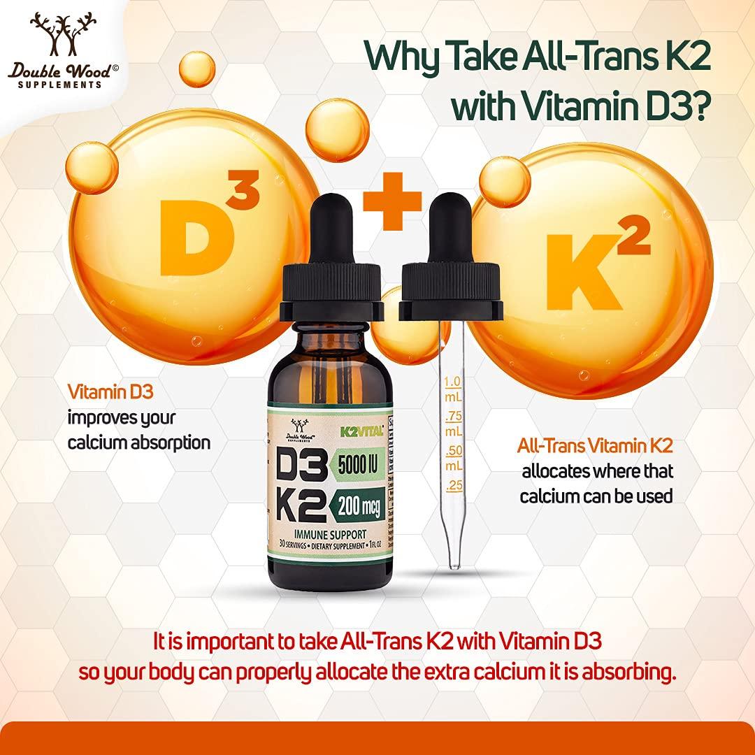 Double Wood Supplements Vitamin D3 K2 5,000 IU Liquid Drops (5,000 IU of D3 and 200mcg of 99.9% All-Trans Patented K2 MK-7 (K2Vital)) Max Absorption Liquid Vitamin D Drops (30 Servings) by Double Wood