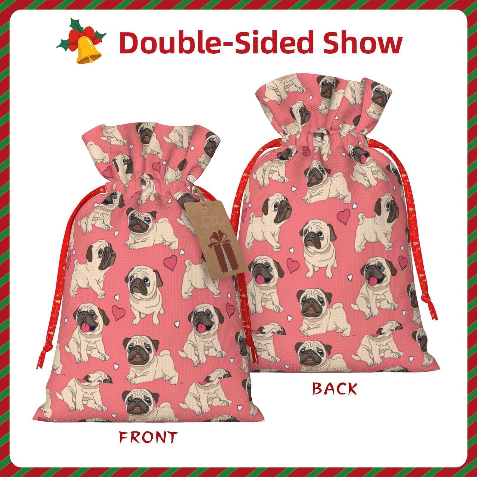 LimPac Funny Cartoon Pug Puppy Dog Christmas Gift Bag M Size, Linen Holiday Gift Bag, Christmas Anniversary As Gift Packaging.