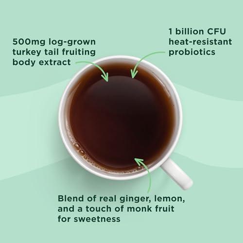 Four Sigmatic Four Sigmatic Happy Gut Organic Herbal Tea | Organic Lemon Ginger with Probiotics & Turkey Tail Mushroom | Instant Digestive Tea | Vegan, Gluten-Free | Lemon Ginger, 24 Servings