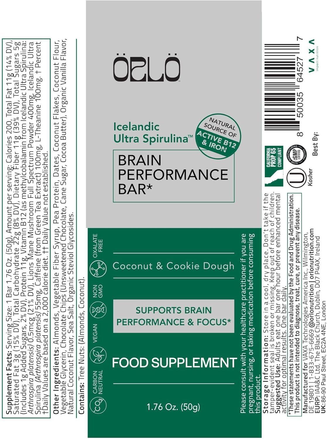 Orlo ORLO BRAIN PERFORMANCE BAR Vegan Protein Bars for Brain & Energy Support Focus & Memory, Pre & Post Workout Recovery Gluten Free Snack with L-Theanine, Lions Mane, Spirulina & More (SINGLE BAR)