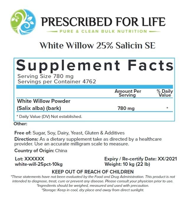 Prescribed For Life Prescribed For Life White Willow Powder 5:1 | Pure White Willow Bark Extract | Natural Salix Alba Extract for Comfort & Ease | Gluten Free, Vegan, Non-GMO (25 kg / 55 lb)