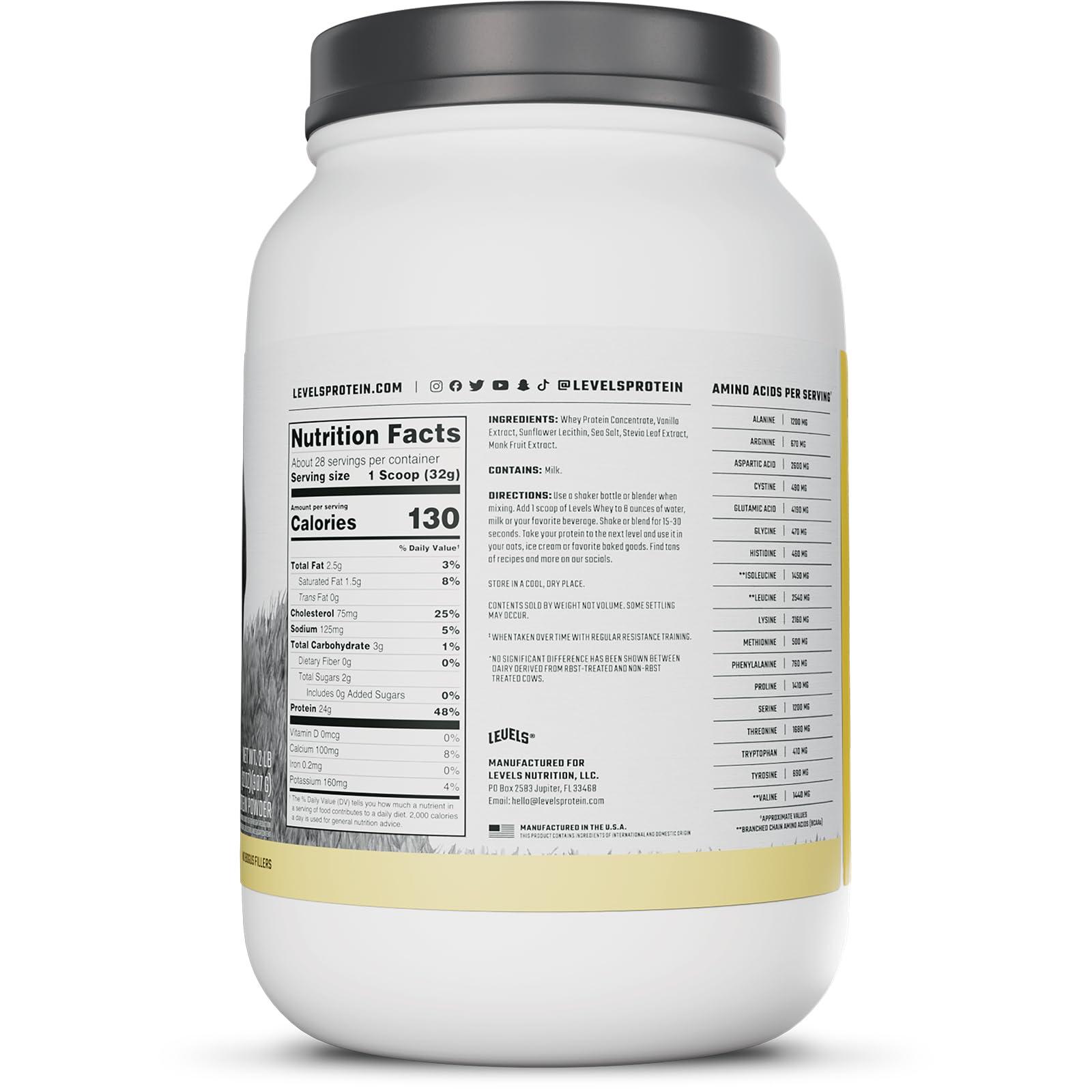 Levels Nutrition Levels Grass Fed Whey Protein, No Artificials, 24G of Protein, Vanilla Bean, 2LB