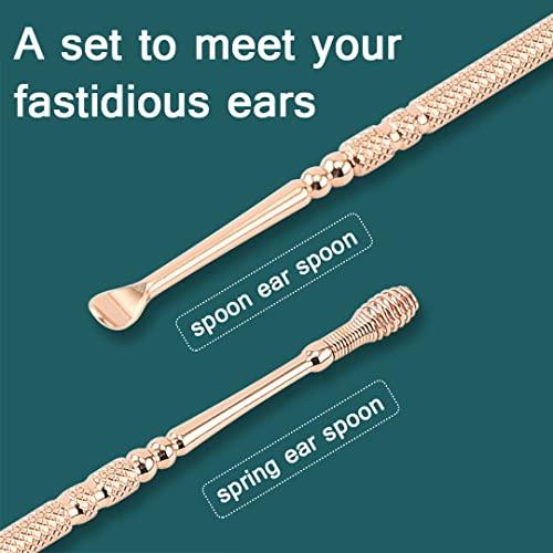 TFK.XTAY Spring Ear Wax Cleaner Tool Set Ear Cleaner Ear Cleaner Tool Ear Wax Removal Spoon Double Ended with Stainless 360° Spiral Ear Massage Cleaning Tool Ear Cleaner Cleaning Brush and Storage Box Gold