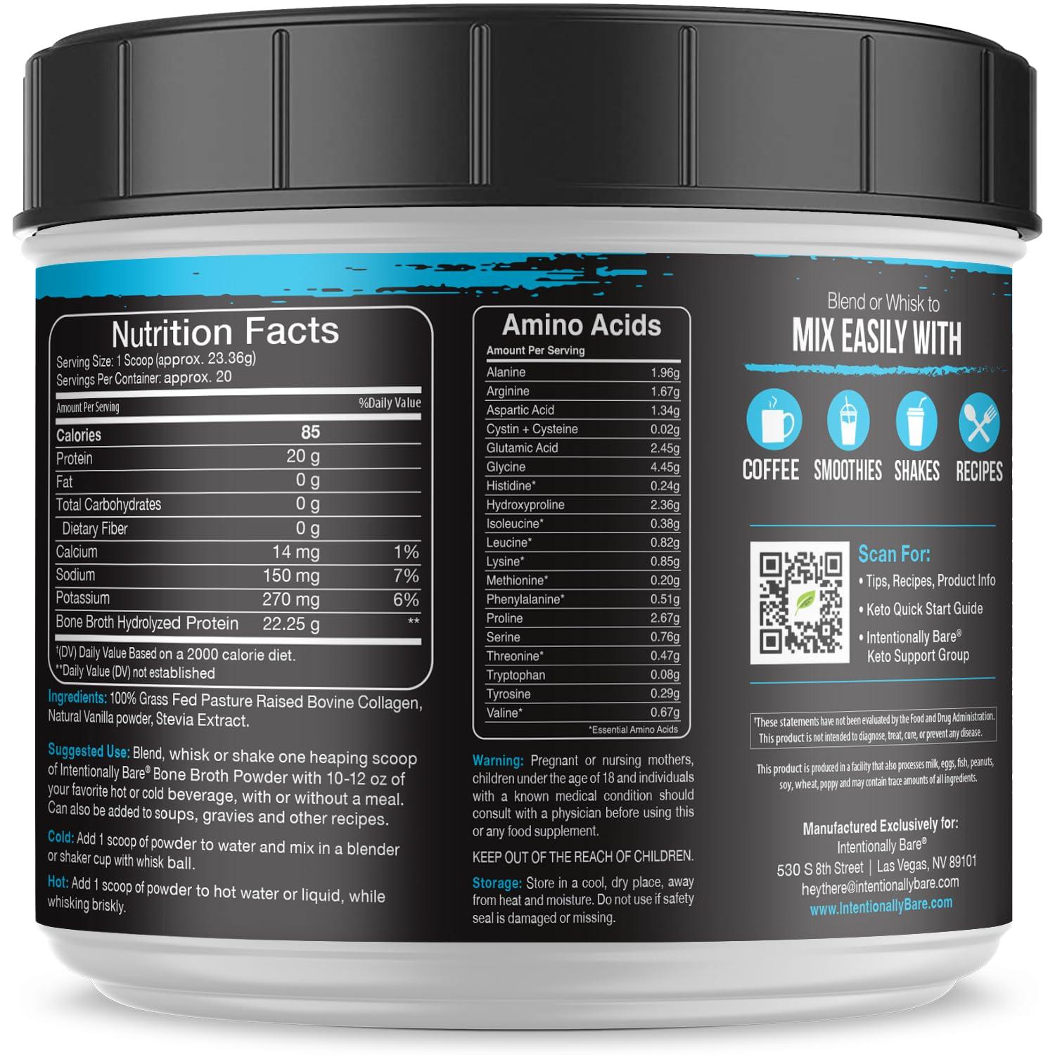 Intentionally Bare Intentionally Bare Bone Broth Organic Protein Powder Vanilla - Grass Fed Vanilla Protein with Collagen Types 1 2 & 3 - Keto Collagen Powder - Vanilla Collagen Powder for Joints & Gut - 20 Servings