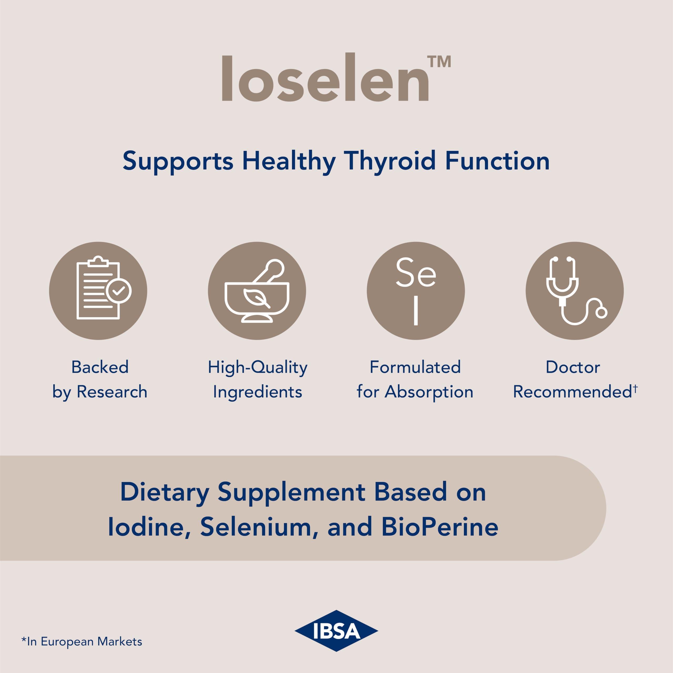 Ibsa Ioselen - Thyroid Support Supplement 100 mcg Selenium, 100 mcg Iodine, 5mg BioPerine - 30 Soft-Gel Caps for Increased Bioavailability and Absorption - Gluten-Free, Lactose-Free, Sugar-Free, Non-GMO