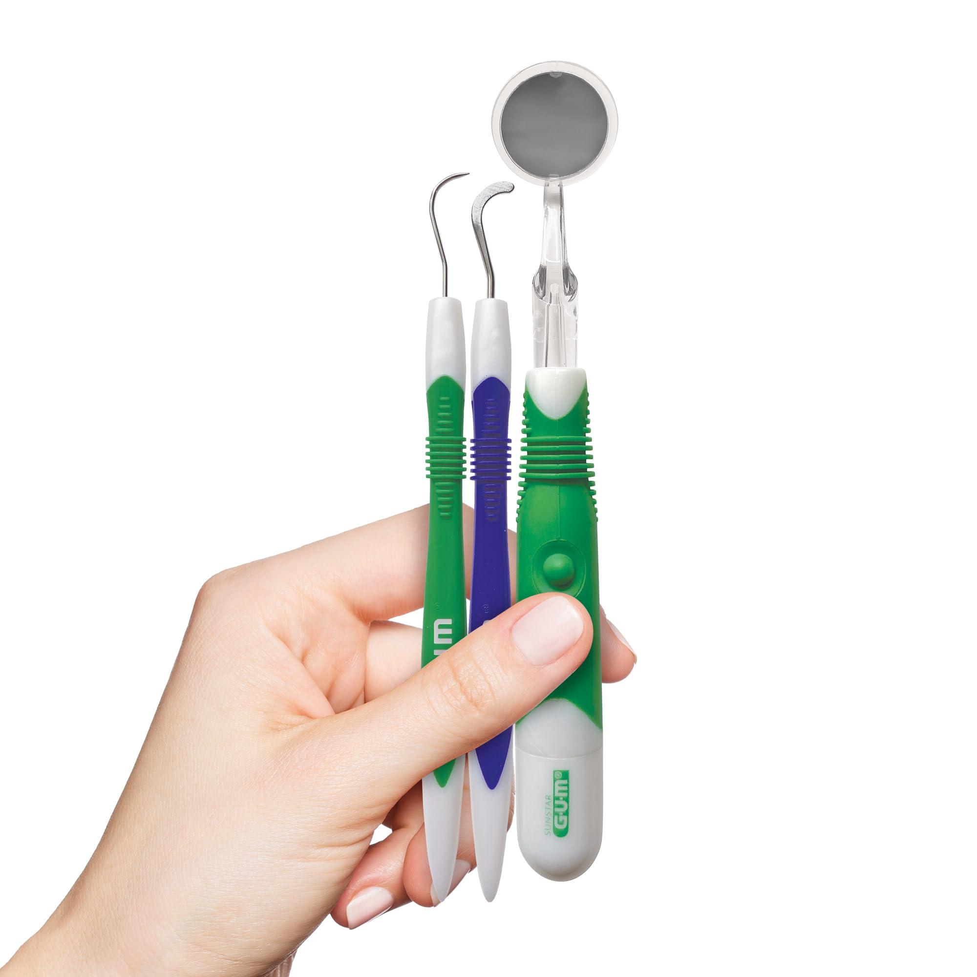 GUM GUM Oral Care Dental Cleaning Kit, Dental Mirror with Light, Explorer Pick, and Dental Scaler, Professional Quality Stainless Steel Dental Tools, Easy-Grip Handle (6pk)