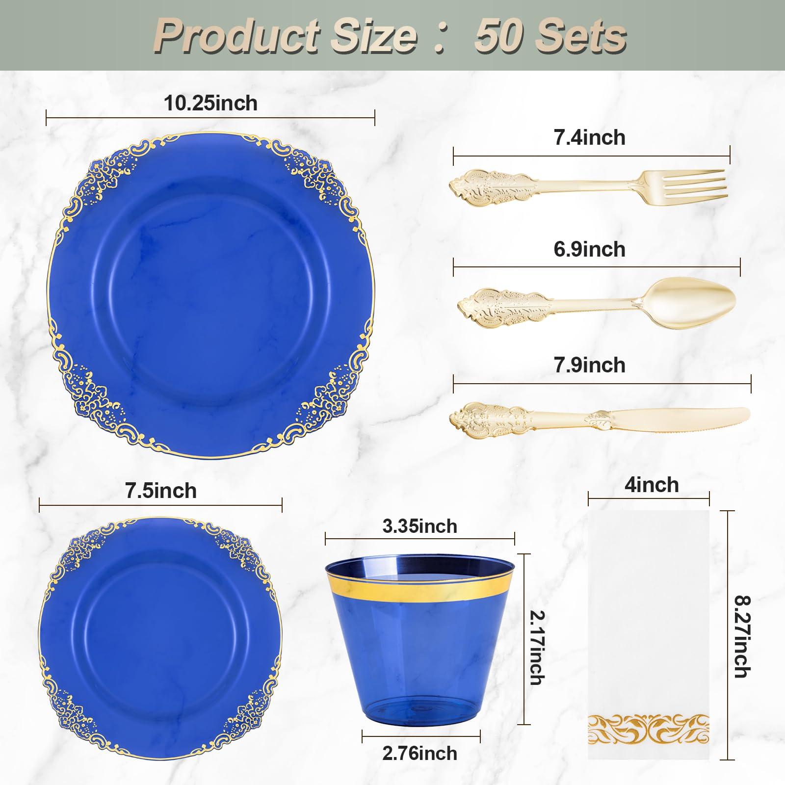 Bestluck Bestluck 350PCS Clear Blue Plastic Plates for 50 Guests, Disposable Plates with Gold Trim include 50 Dinner plates, 50 Dessert Plates, 150 Gold Silverware, 50 Cups, 50 Napkins for New Years Eve
