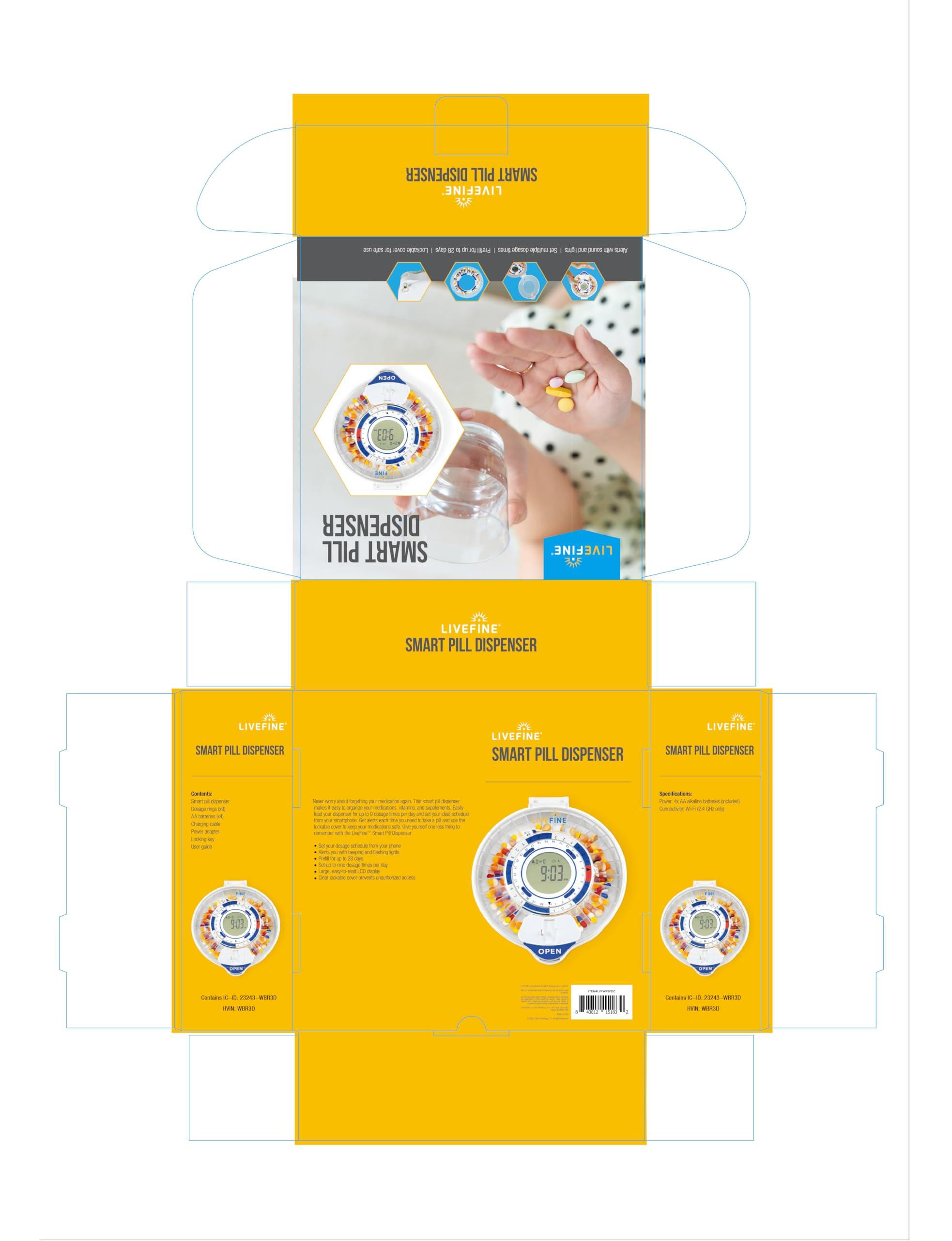 Live Fine LiveFine Smart WiFi Automatic Pill Dispenser | 28-Day Medication Organizer Up to 9 Doses Per Day for Care Monitoring with Locking Key, Adjustable Light/Sound Alarms for Prescriptions & Vitamins