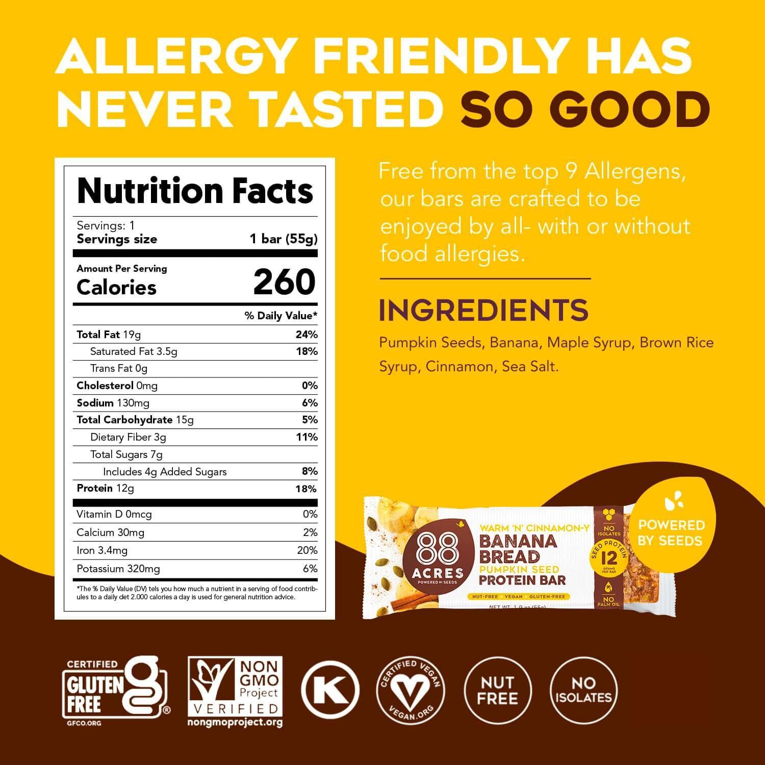 88 Acres 88 Acres Plant Based Seed Protein Bar | 9 Pack, Banana Bread | 12g of Plant Based Protein, Gluten Free, Nut Free, Non GMO, School Safe, No Palm Oil