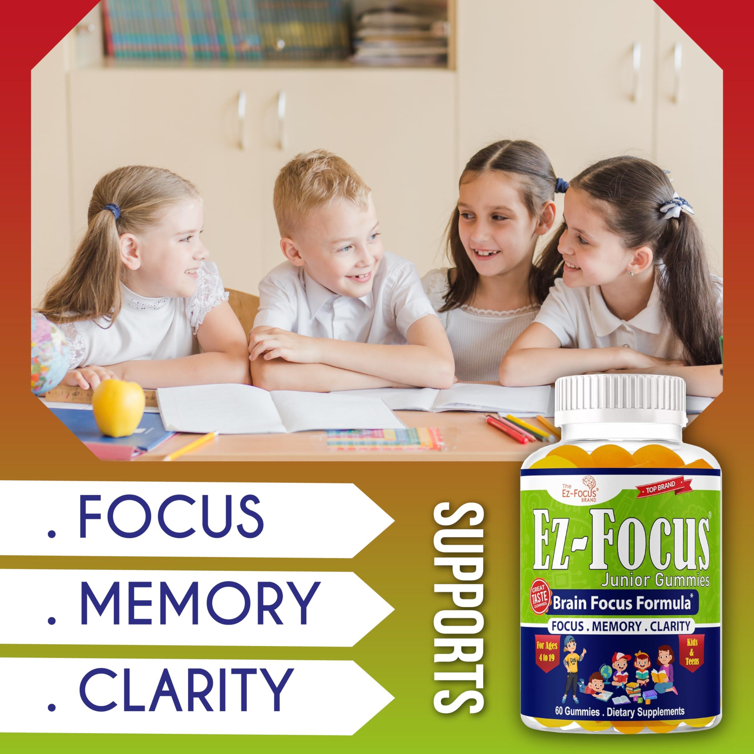 Ez-Focus Ez-Focus Junior Brain Vitamins & Memory Supplements for Kids & Teens, Focus Supplements, Support Memory, Attention, Focus & Clarity, Tasty 60 Chewable Gummies