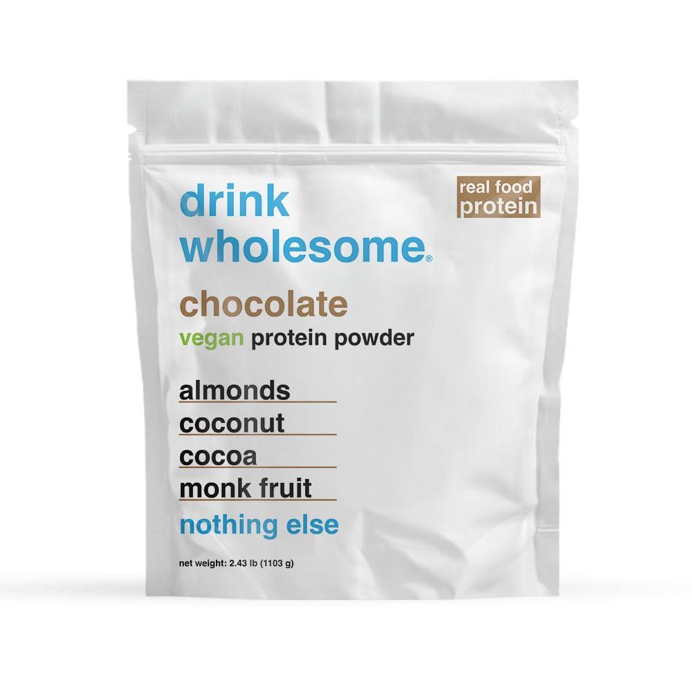 drink wholesome drink wholesome Vegan Chocolate Almond Protein Powder | for Sensitive Stomachs | Gut Friendly | No Artificial Sweeteners | No Stevia | Low Sodium | Paleo | Safe for Kids & Seniors