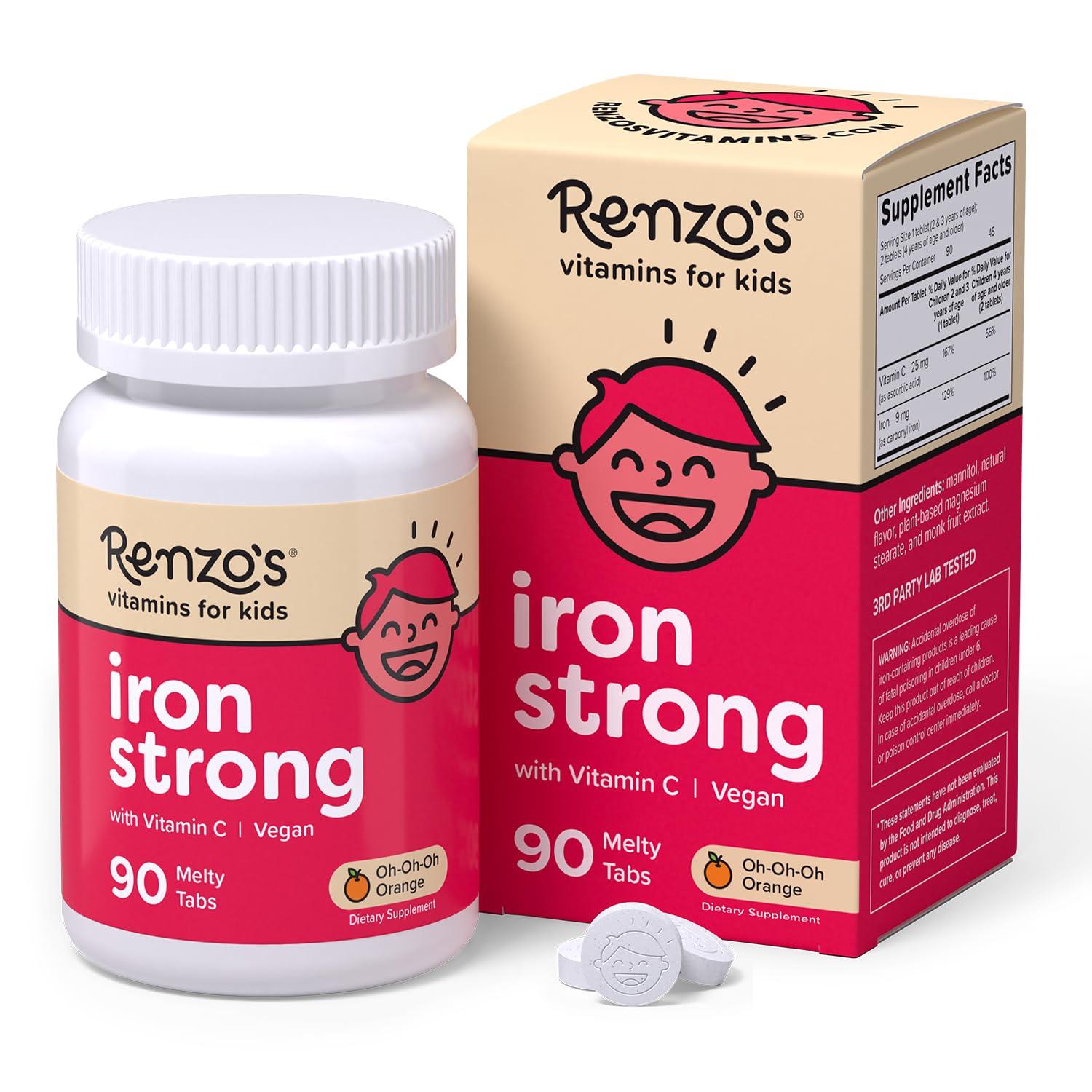 Renzo's Renzo's Iron Supplements for Kids, Dissolvable Vegan Iron Supplement with Vitamin C, Sugar Free, Oh-Oh-Oh Orange Flavor, 90 Melty Tabs