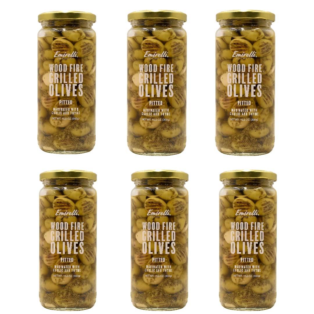 Emirelli San Francisco Emirelli Grilled and Pitted Green Olive – Delicious Premium Hand-Picked Turkish Olives Filled Marinated in Fresh Spices, Preserved (Grilled Olives, 6 Pack)