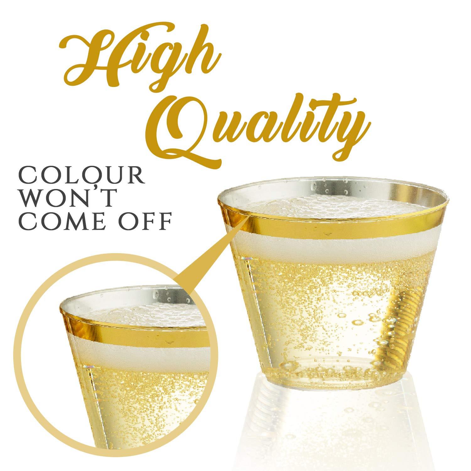 DECPREP Gold Rimmed Clear Cups 9 oz. | Old Fashioned Tumblers | Elegant Plastic Party Cups | Fancy Disposable Wedding Cups | Heavy Duty Gold Rimmed Cups (100 ct)