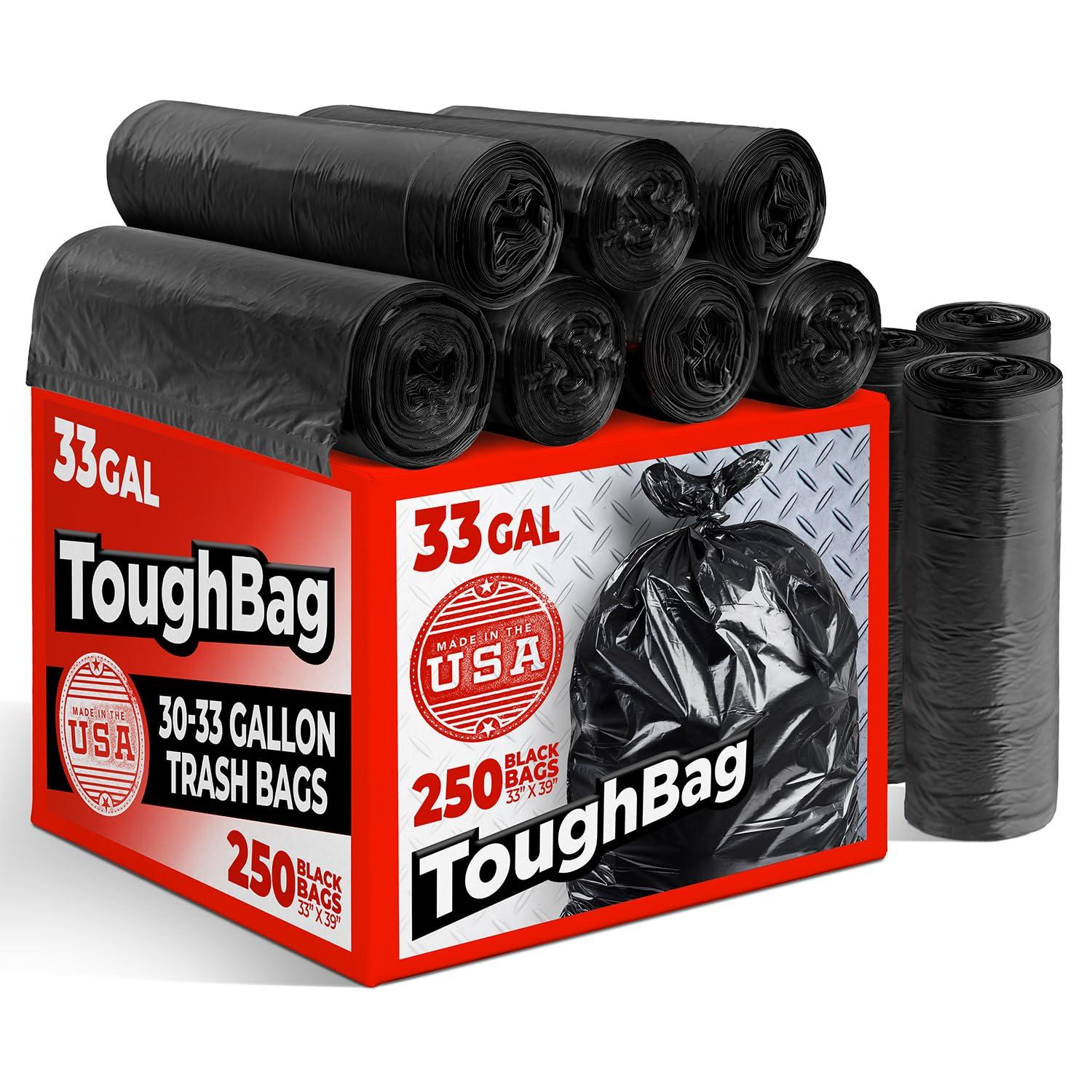 ToughBag ToughBag 30-33 Gallon Trash Bags, 32 x 38\" Black Garbage Bags (250 COUNT) 30+, 32 Gallon Outdoor Industrial Garbage Can Liner for Custodians, Landscapers, Lawn Bags - Made In USA