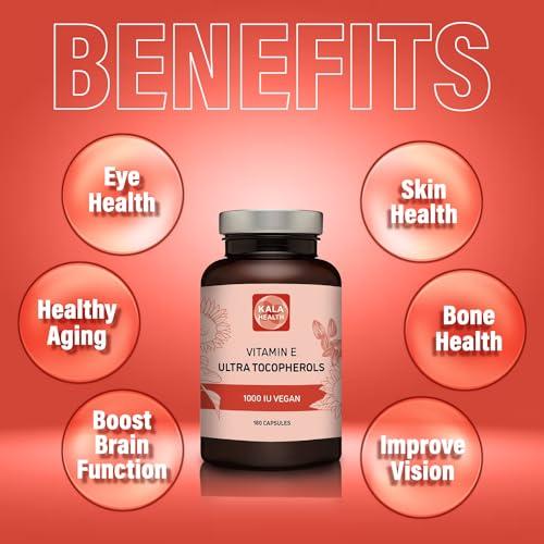 Kala Health Kala Health Vitamin E 1000 IU Ultra Tocopherol 450mg Vitamin E Vegan all 4 Tocopherols - Alpha Tocopherol + Beta Tocopherol + Gamma Tocopherol + Delta Tocopherol Unique d Alpha Tocopherol Vitamin E