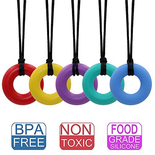 Atsky Sensory Chew Necklace for Kids and Adults, 5 Pack Silicone Chewy Toys, Oral Motor Aids Chew Pendant Chewable Toys for Boys and Girls with Autism, ADHD, Reduces Chewing Donut Multicolor