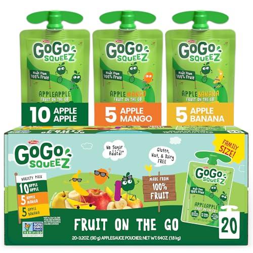 GoGo SqueeZ GoGo squeeZ Applesauce and Fruit Puree Variety Pack, Apple, Mango & Banana, 3.2 oz (Pack of 20), Unsweetened Fruit Snacks for Kids, Gluten Free, Nut Free and Dairy Free, BPA Free Pouches