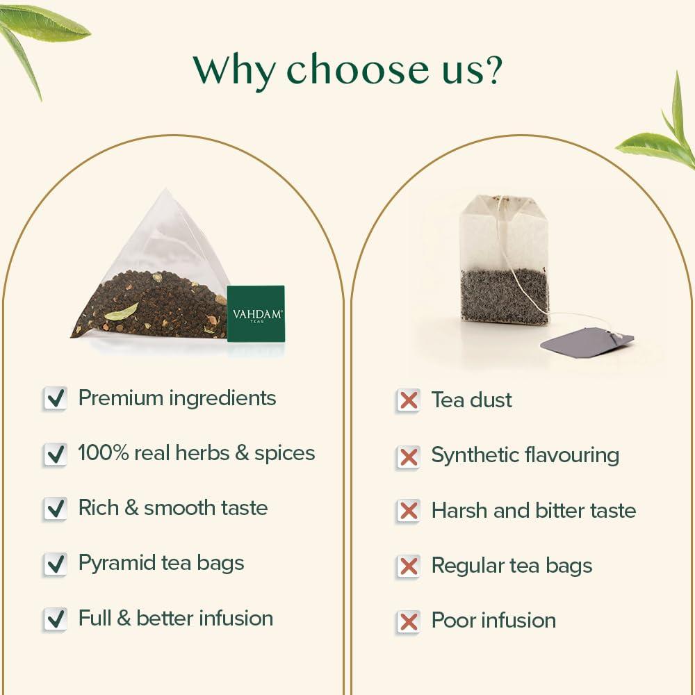 VAHDAM VAHDAM, India\'s Original Masala Chai Tea Bags (15 Count) Non GMO, Gluten Free, No Added Flavoring | Blended w/Savory Exotic Spices | Individually Wrapped Pyramid Tea Bags | Direct from Source