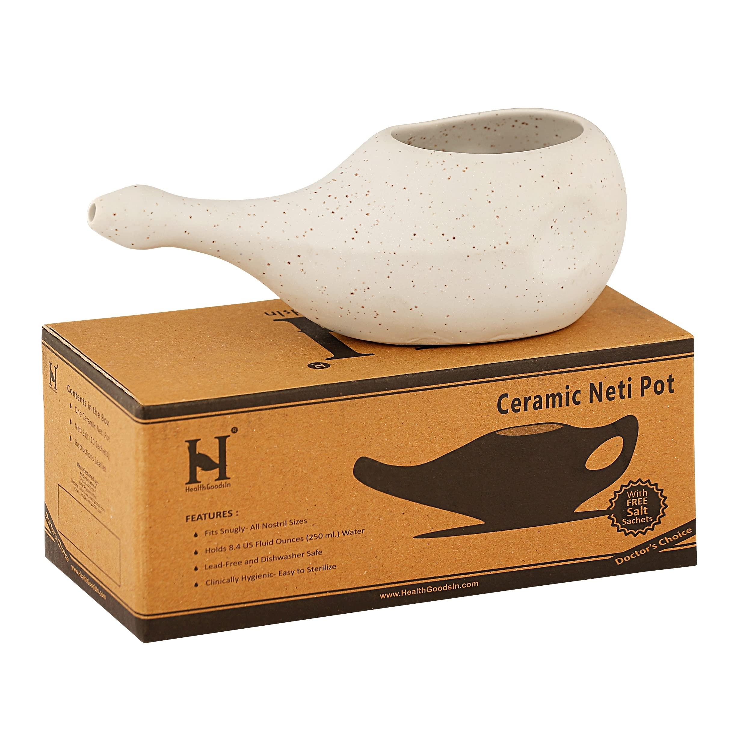 HealthGoodsIn HealthGoodsIn Ceramic Neti Pot, Dishwasher Safe, Conical Tip for Nasal Cleansing + 5 Sachet Neti Salt, Without Handle (Matte Ivory)