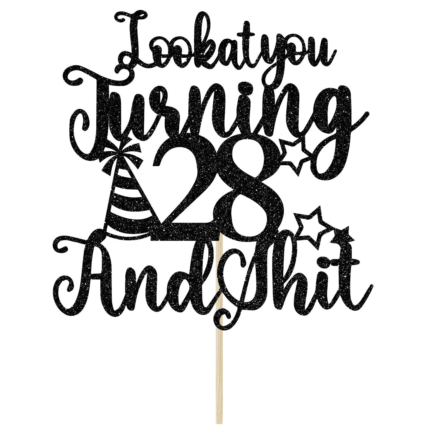 Bytorjar Happy 28th Birthday Cake Topper, 28th Birthday Cake Decor, Cheers to 28 Years, Hello 28, Funny 28th Birthday Party Decorations, Black Glitter