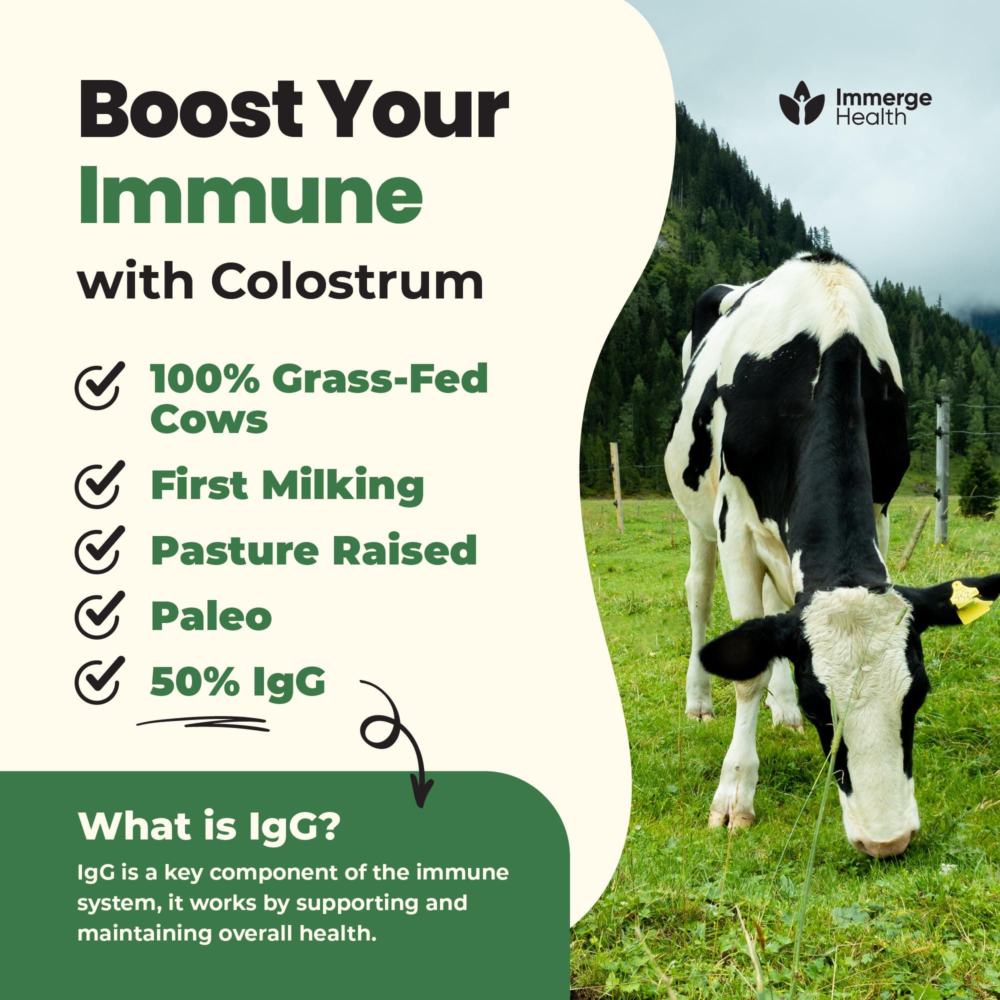 ImmergeHealth.com Super MOO Grass Fed Bovine Colostrum Powder for Bloating, Immune, Energy, Gut Health Hair, Skin and Nails Colostrum Supplement | 50% IgG Cow Colostrum for Humans | Superfood for Women, Men and Kids