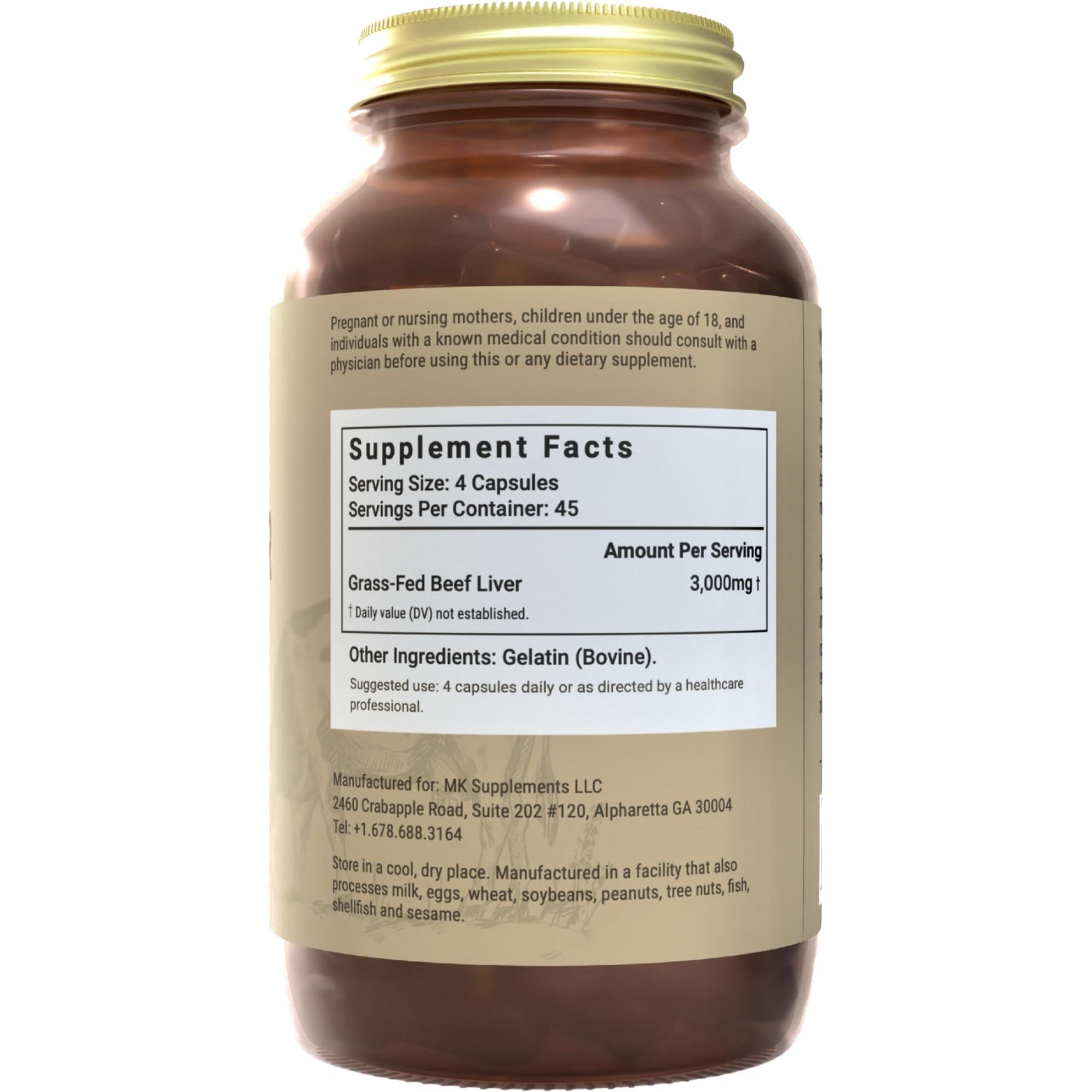 MK Supplements MK Supplements Grass Fed Beef Liver 3000 mg, Freeze-Dried Beef Liver Capsules, 100% Pasture-Raised in New Zealand, 180 Liver Capsules, 45-Day Supply