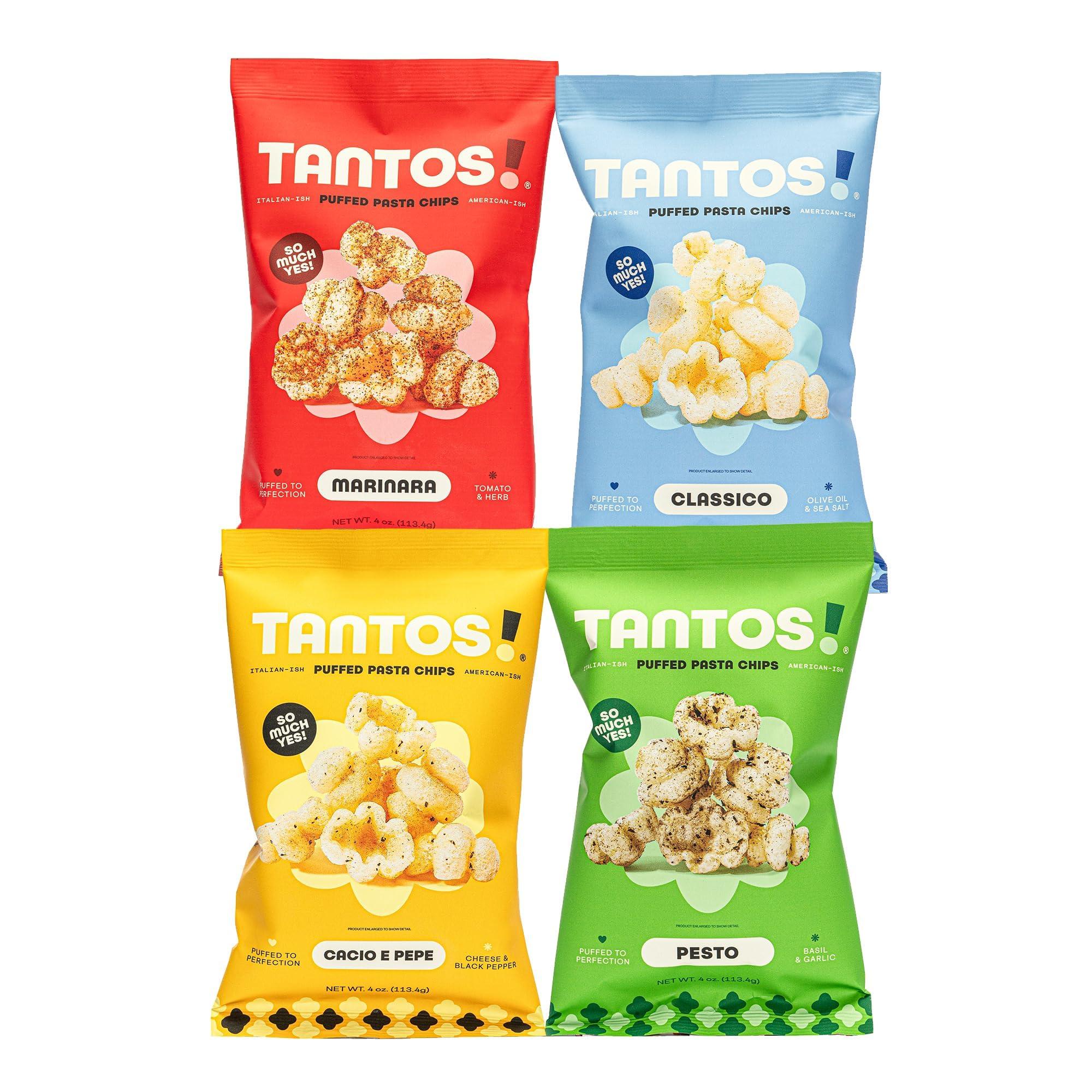 Tantos Tantos! Puffed Pasta Chips Variety Pack - Gourmet Italian Snacks - 4 oz Bags (12 Pack) - Pizzeria Style Chips with Marinara, Pesto, Cacio e Pepe, Classico - Chef Created Office & Kids Lunch Snacks