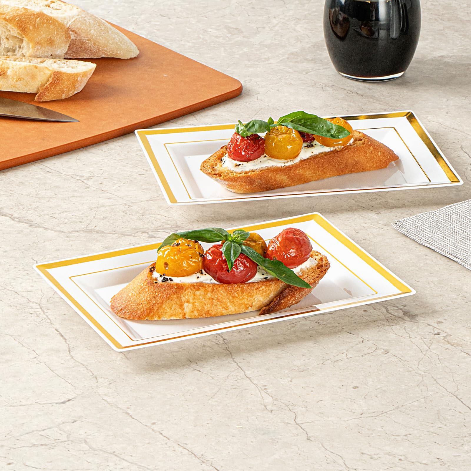 Restaurantware Restaurantware Moderna 7.5 x 5.3 Inch Premium Disposable Plates 10 Rectangular Plastic Plates For Parties - Gold-Rimmed Durable White Plastic Dinner Plates For Warm And Cold Foods