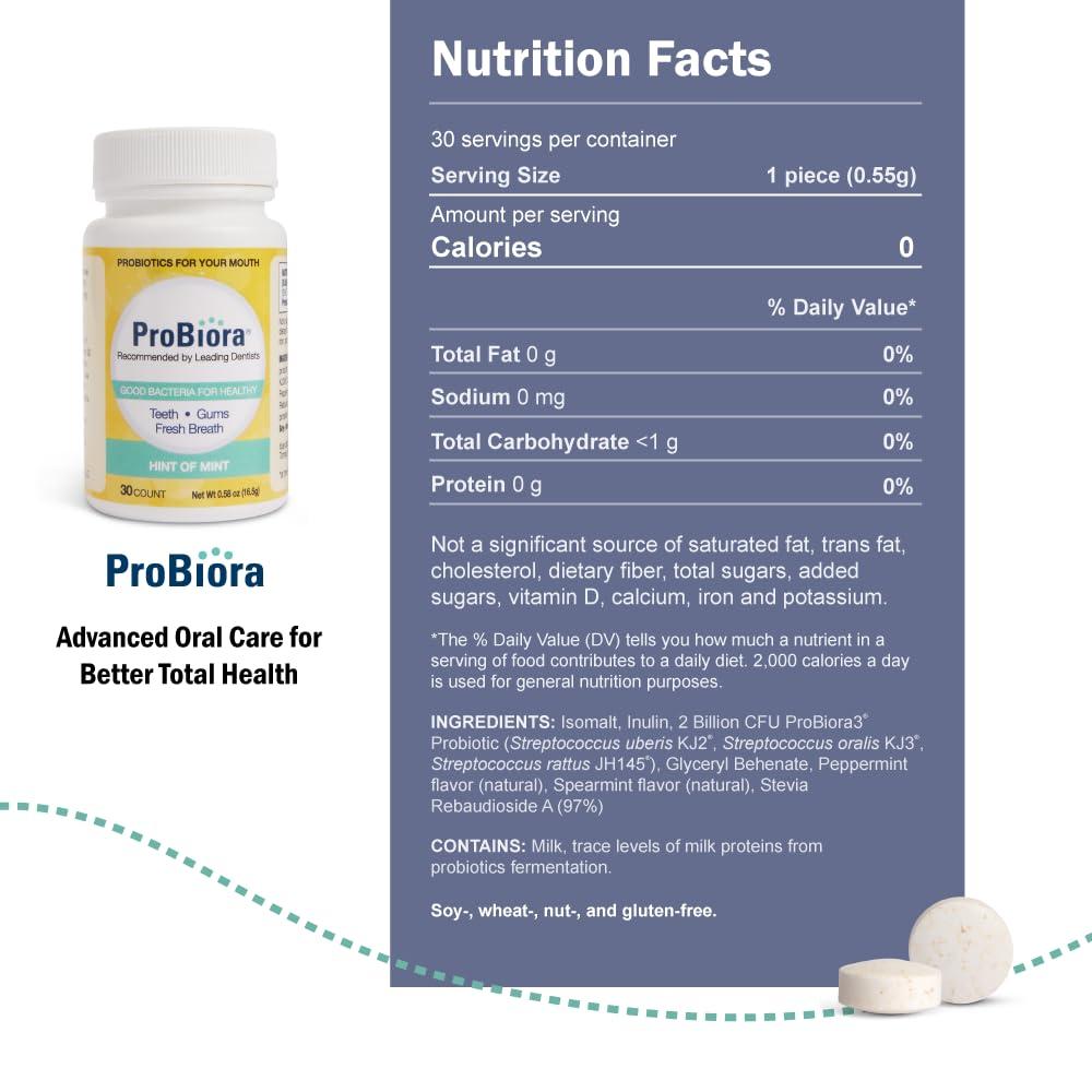 ProBiora Health ProBiora Oral-Care Chewable Probiotic Tablets | Probiotic Supplement for Women & Men | Healthier Teeth & Gums | Fresher Breath | Whiter Teeth | Better Overall Health | 30 Count | Pack of 3 | Mint