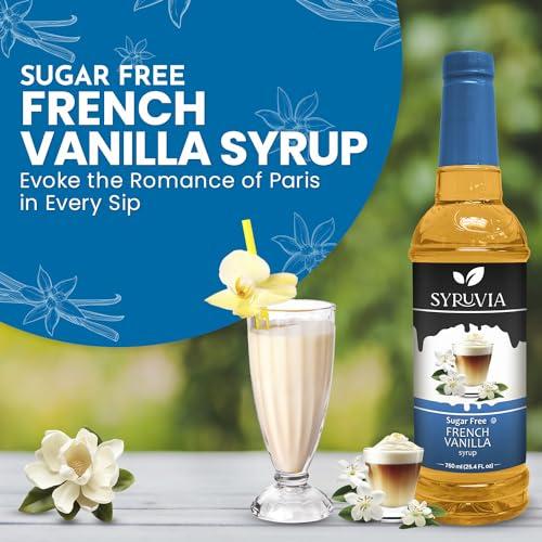 SYRUVIA Syruvia Sugar Free French Vanilla Syrup With Syrup Pump Dispenser French Vanilla Coffee Syrup Flavor, 25.4 fl oz, Kosher, Gluten Free, Perfect for Coffee, Drinks, Soda, Desserts, and More