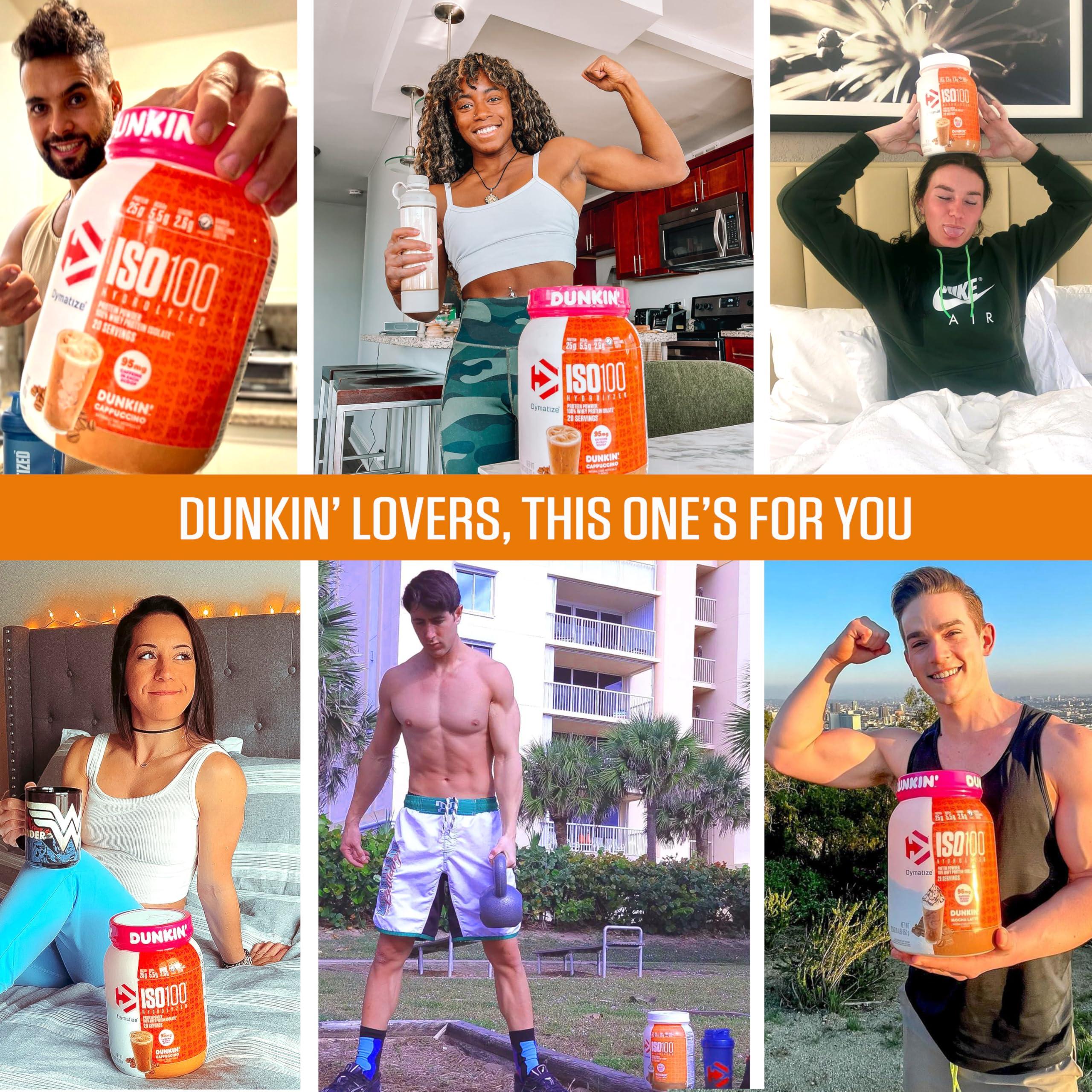 Dymatize Dymatize ISO100 Hydrolyzed 100% Whey Isolate Protein Powder in Dunkin\' Cappuccino Flavor, 25g Protein, 95mg Caffeine, 5.5g BCAAs, Gluten Free, Fast Absorbing, Easy Digesting, 21.5 Oz