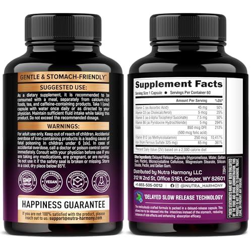 NUTRAHARMONY Iron Supplement for Women - Iron 65mg (Ferrous Sulfate 325mg) - Stomach Friendly | Slow Release Iron | High Absorption - Vitamins C, D3, B6, B12 & Folate - Iron Level & Energy Support - 60 Capsules