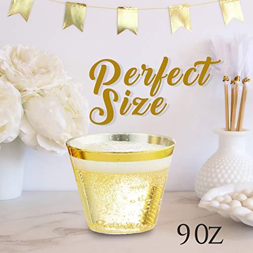 DECPREP Gold Rimmed Clear Cups 9 oz. | Old Fashioned Tumblers | Elegant Plastic Party Cups | Fancy Disposable Wedding Cups | Heavy Duty Gold Rimmed Cups (100 ct)