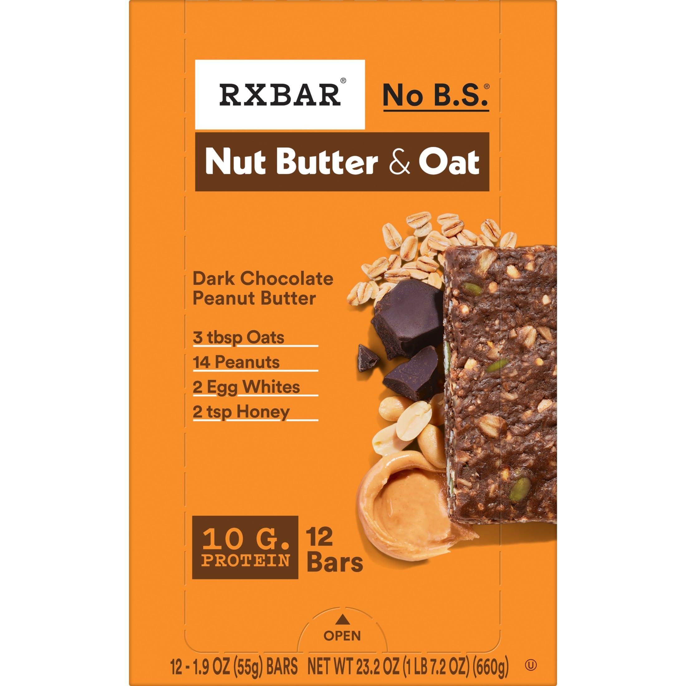 RXBAR RXBAR Nut Butter and Oat Protein Bars, Protein Snacks, Snack Bars, Dark Chocolate Peanut Butter, 23.2oz Box (12 Bars)