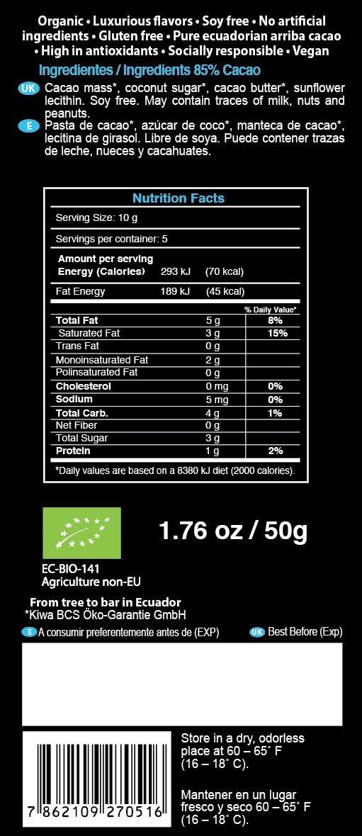 PACARI Pacari Ecuadorian Organic Chocolate Raw 85%, 50 Gram, 1.76 Ounce